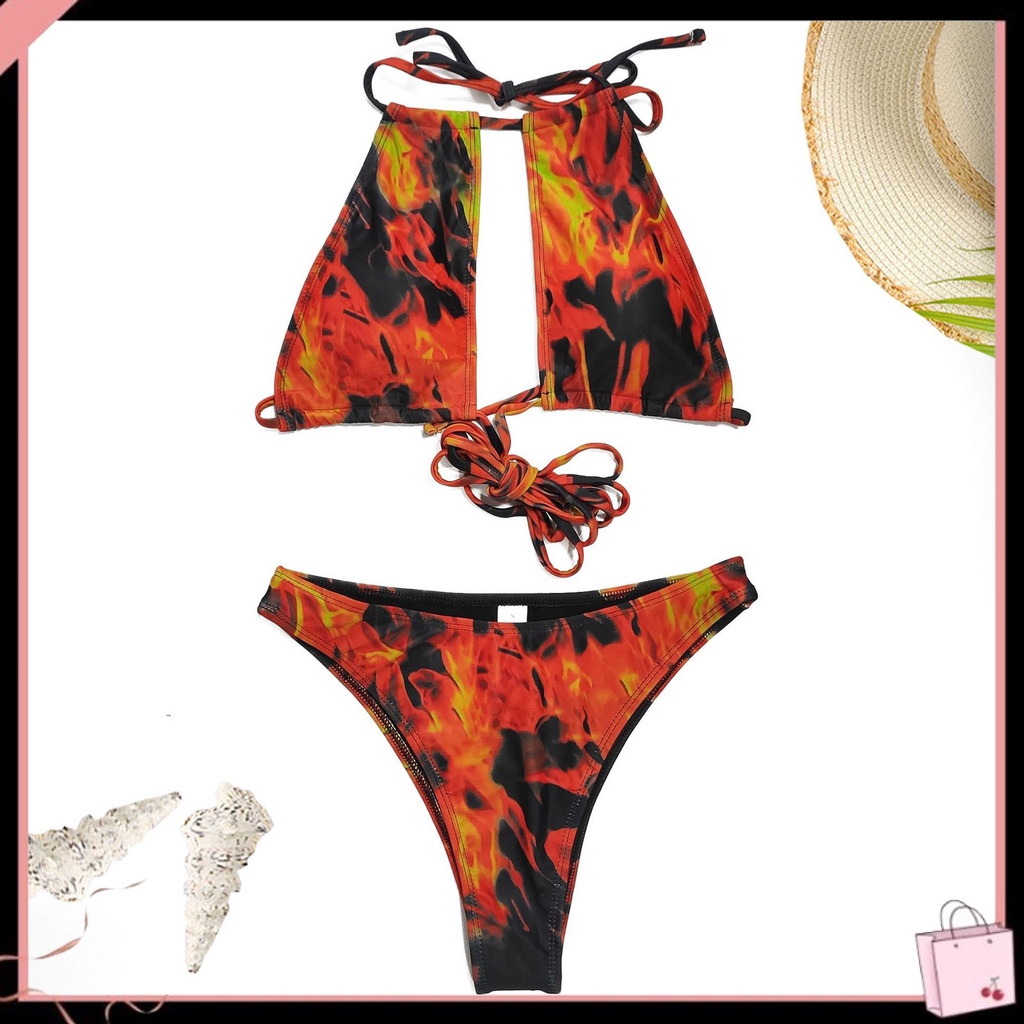 Bộ Bikini 2 Mảnh Mùa Hè Dây Chéo Màu Tương Phản In Họa Tiết Cho Nữ