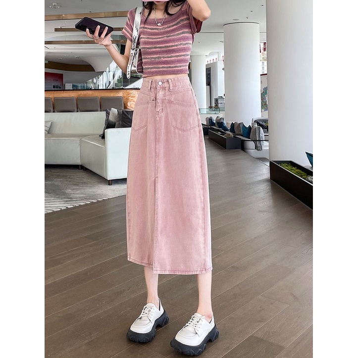 Chân Váy Jean Dài Xẻ Tà Lưng Cao Màu Hồng Phong Cách Mới Dành Cho Nữ