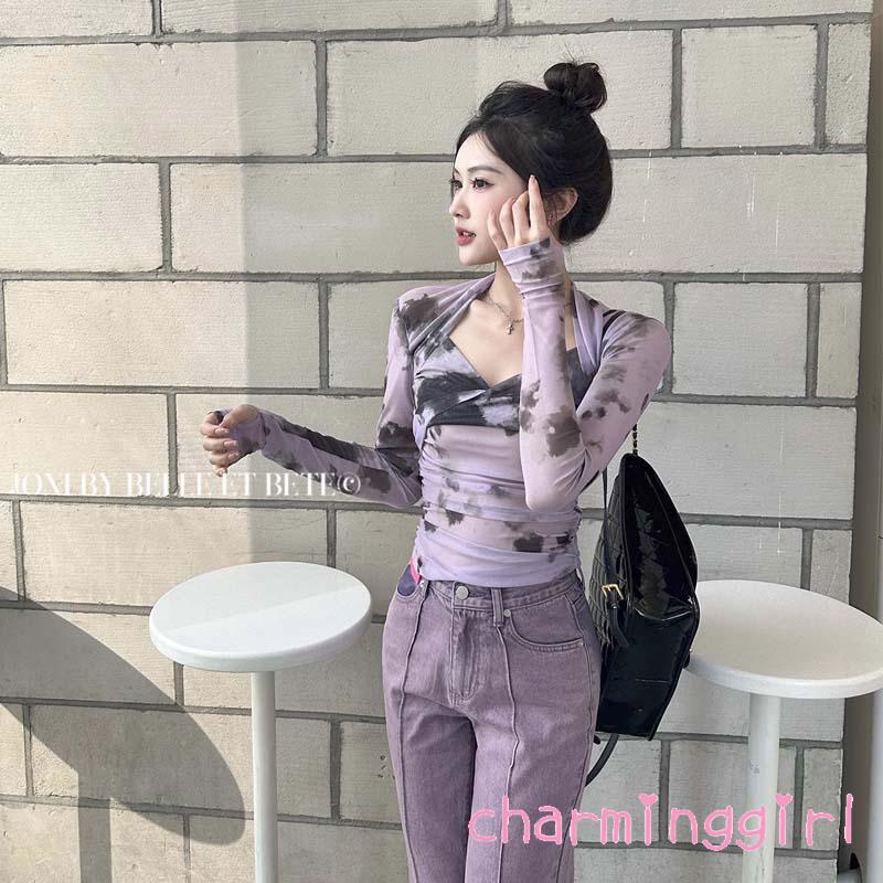 Áo Lưới Tay Dài Cổ Chữ V Thắt Nơ Họa Tiết Sọc Thời Trang Dành Cho Nữ