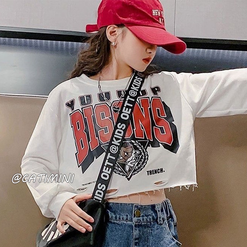 CATIMINI Áo Thun Tay Dài Dáng Ngắn Phong Cách Đường Phố Hàn Quốc Thời Trang Xuân Thu Cho Nữ