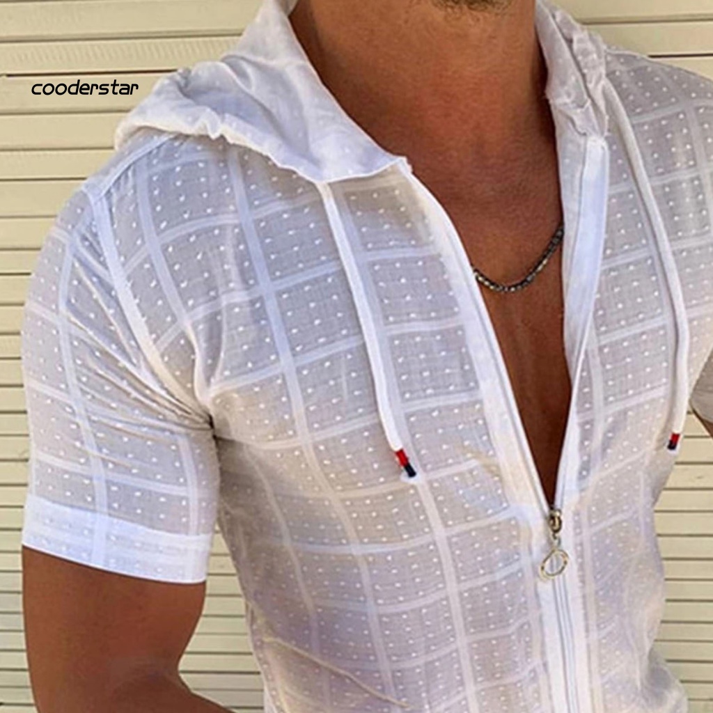 Áo Thun Tay Ngắn Có Nón Phối Khóa Kéo In Họa Tiết Caro Thời Trang Mùa Hè Cho Nam