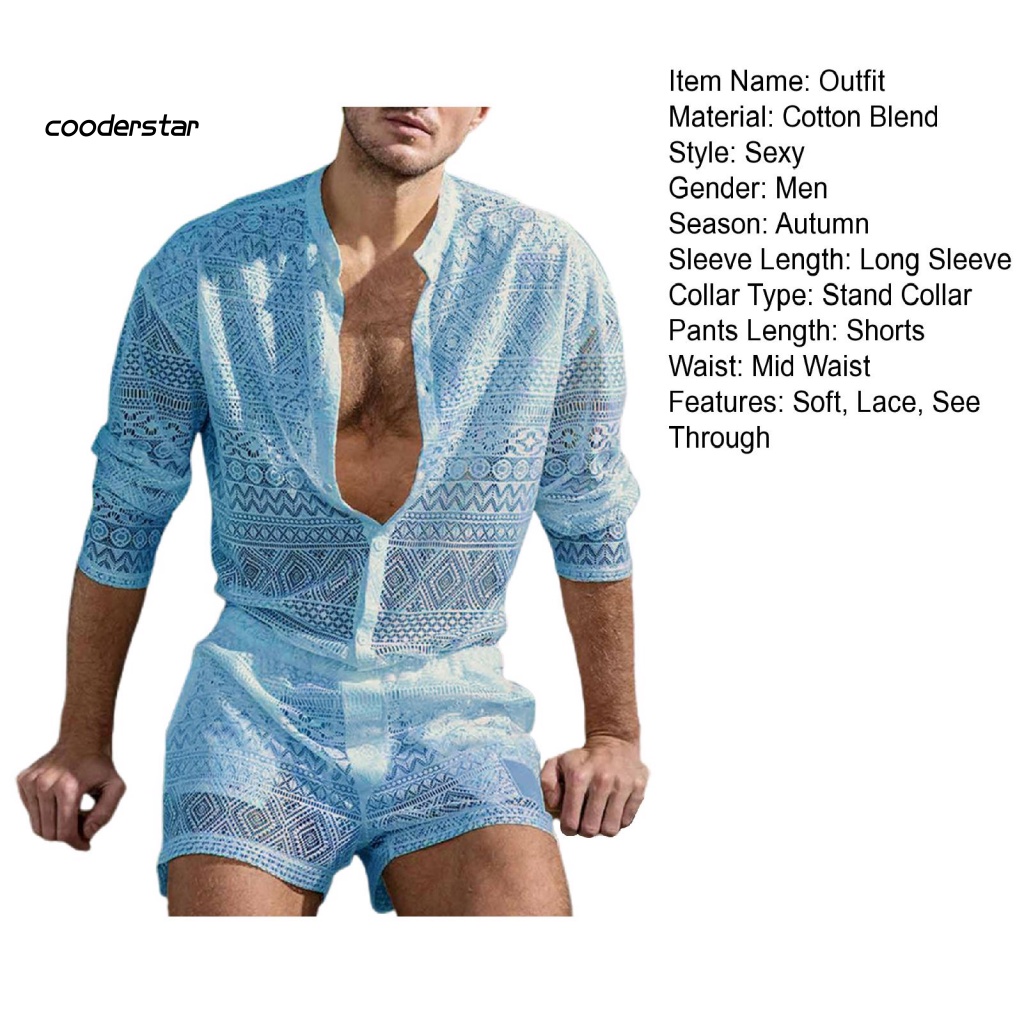 1 Bộ Áo Ren Lưới Xuyên Thấu Màu Trơn Phối Quần Short Thời Trang Mùa Thu Sang Trọng Cho Nam
