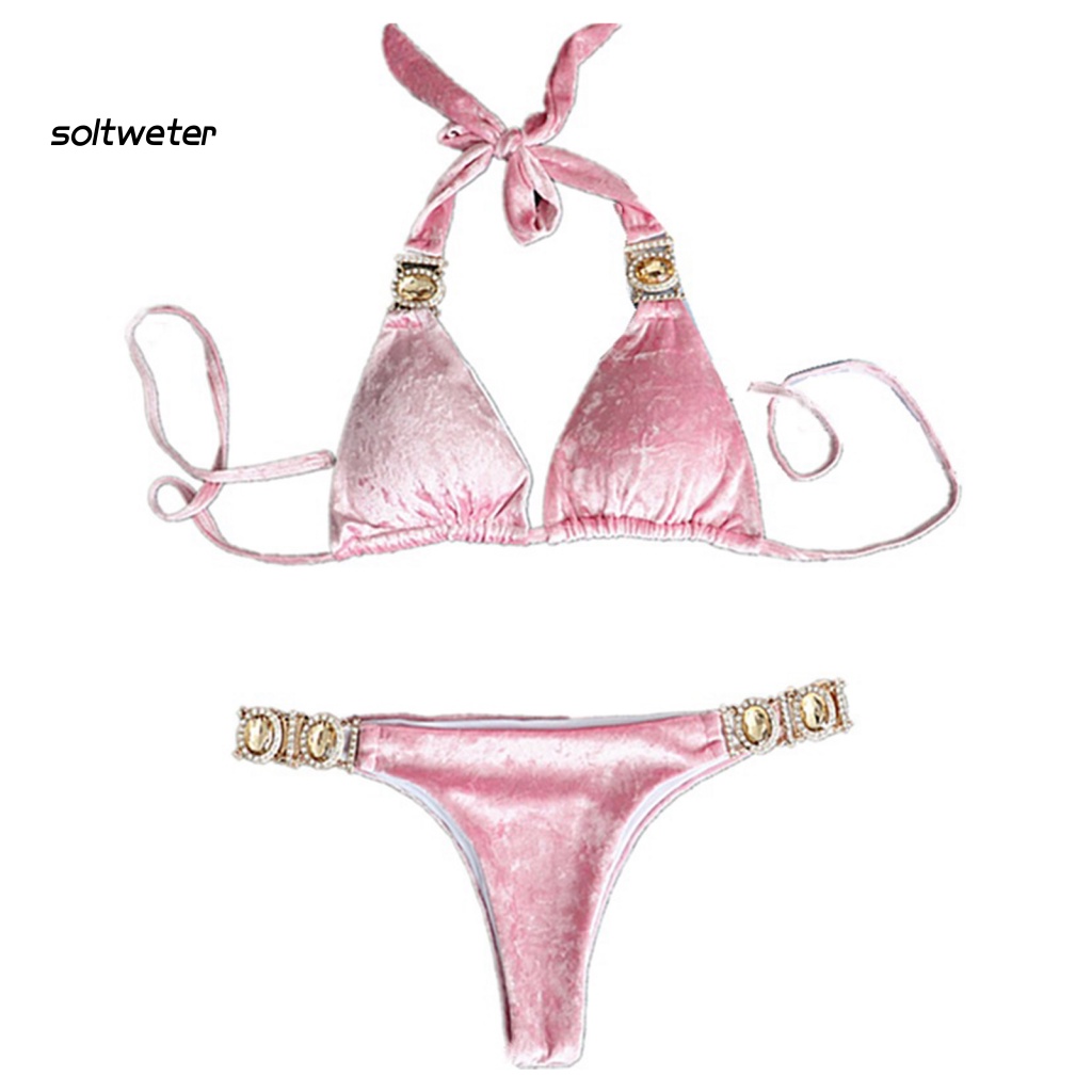 St Bộ Đồ Bơi Tam Giác Lưng Thấp Đính Đá Khóa Kim Loại Trang Trí Gợi Cảm Cho Nữ