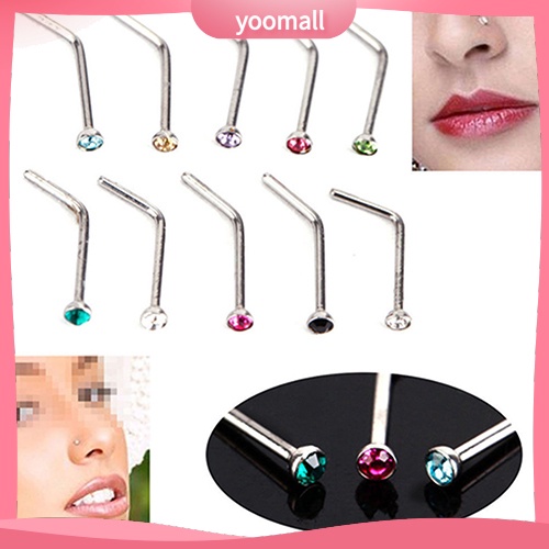 Set 10 Khuyên Mũi Thép Không Gỉ Đính Đá Nhân Tạo Thời Trang