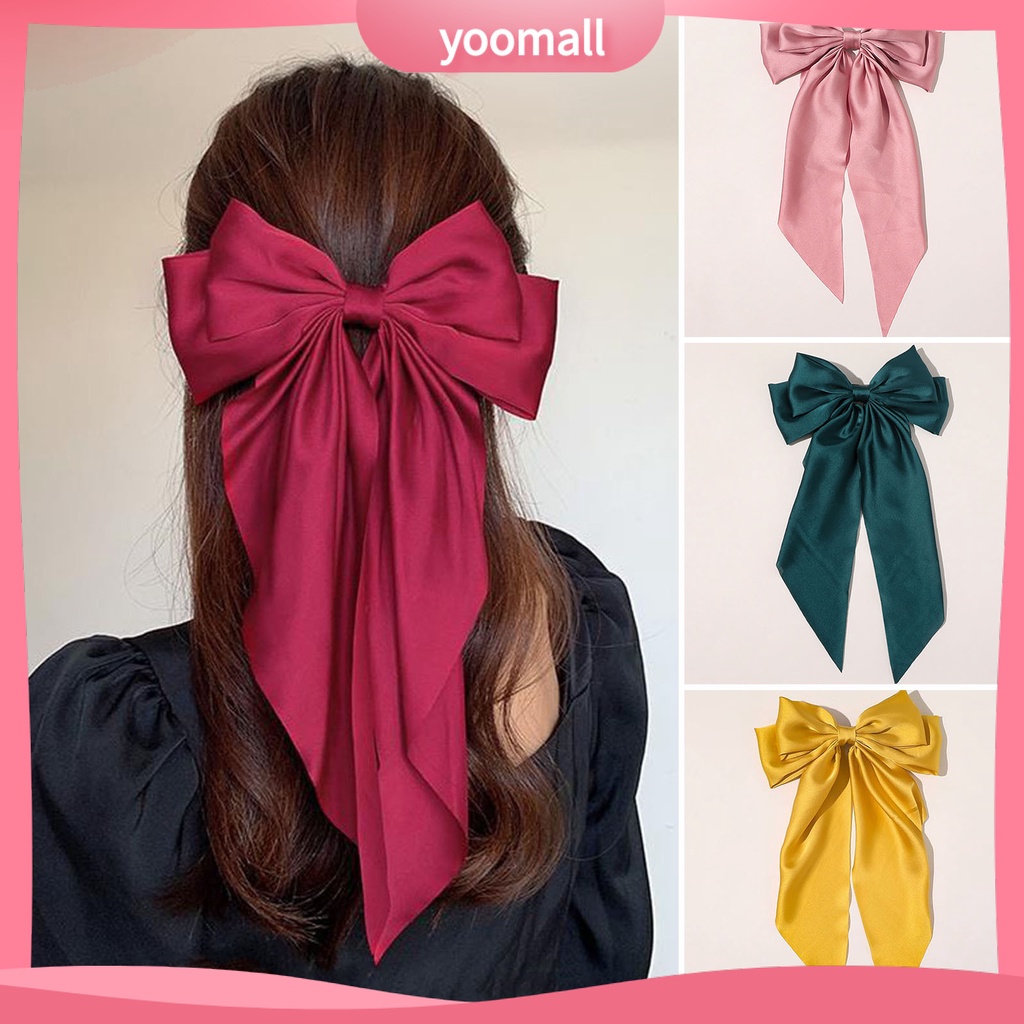 Kẹp Tóc Đuôi Ngựa Bằng Satin Hai Lớp Thắt Nơ Lớn Màu Trơn Thanh Lịch Cổ Điển Dành Cho Bạn Nữ