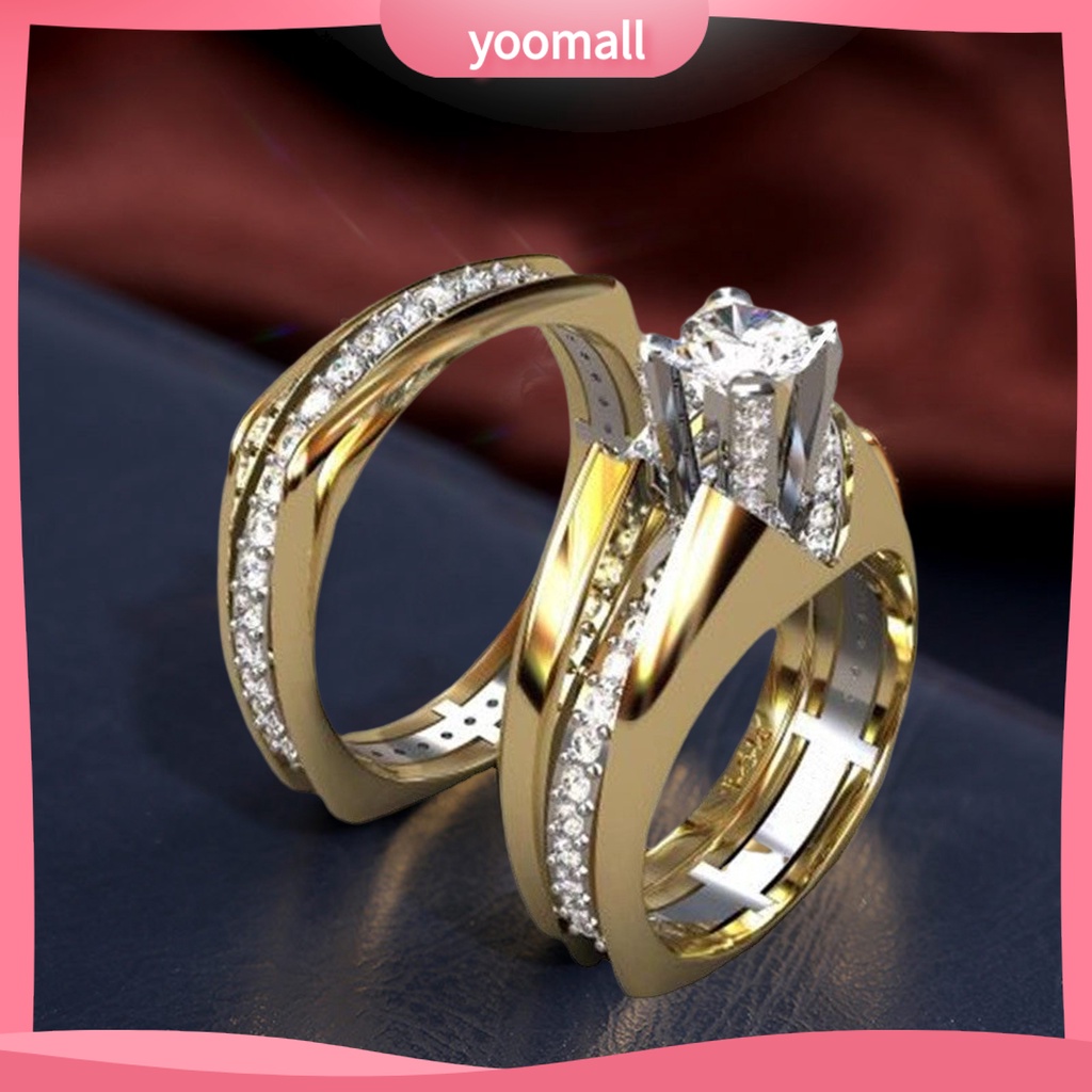 Set 2 Nhẫn Đính Hôn Đính Đá Zircon Hai Màu Sắc Lấp Lánh Dành Cho Nữ