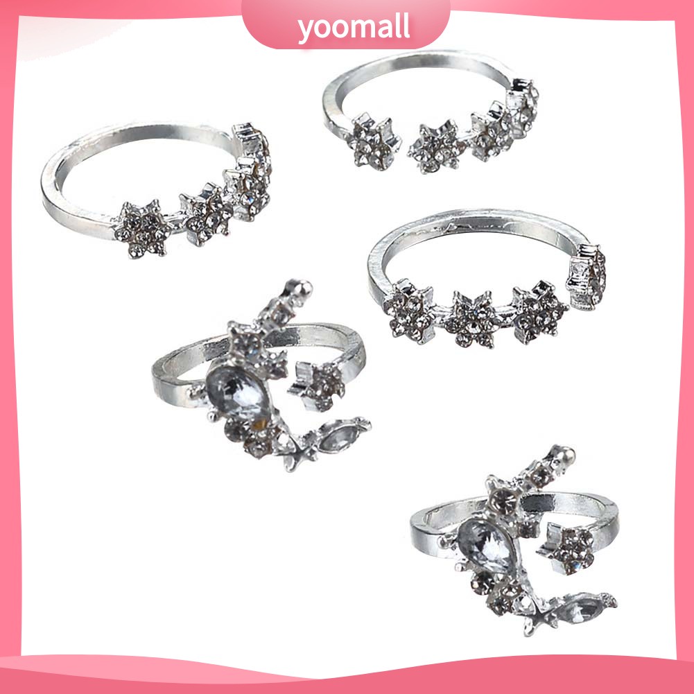 Bộ 5 Nhẫn Thời Trang Đính Đá Hình Trăng Sao Cho Nữ