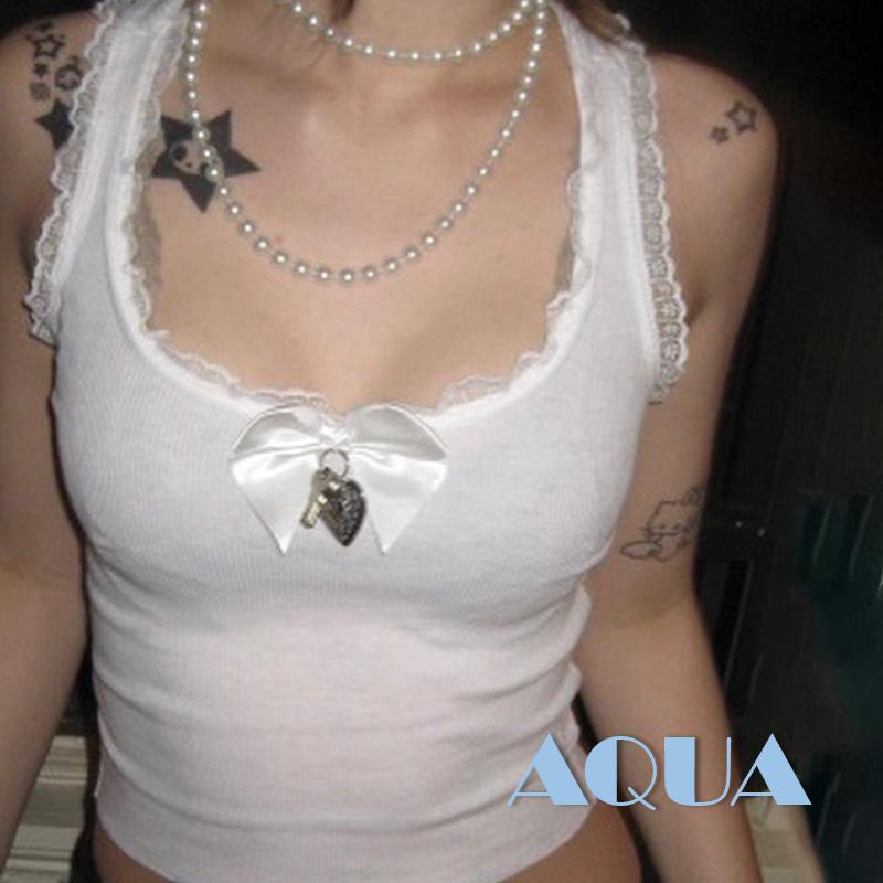 Áo Crop Top Không Tay Phối Ren Thắt Nơ Phía Trước Thời Trang Mùa Hè Cho Nữ