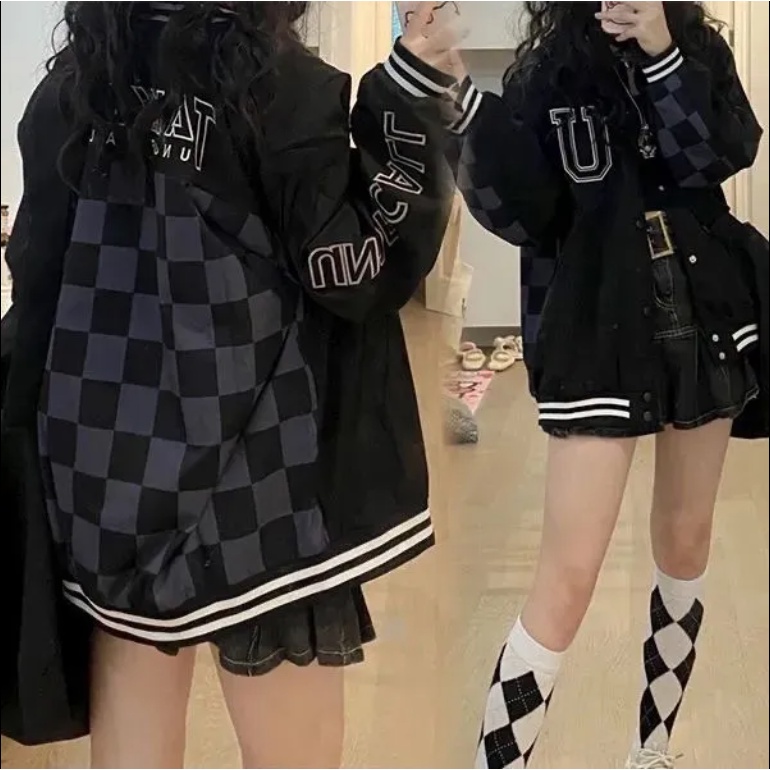 Áo Khoác Bóng Chày Sọc Ca Rô Phong Cách Hàn Quốc Thời Trang Thu Xuân Dành Cho Nữ