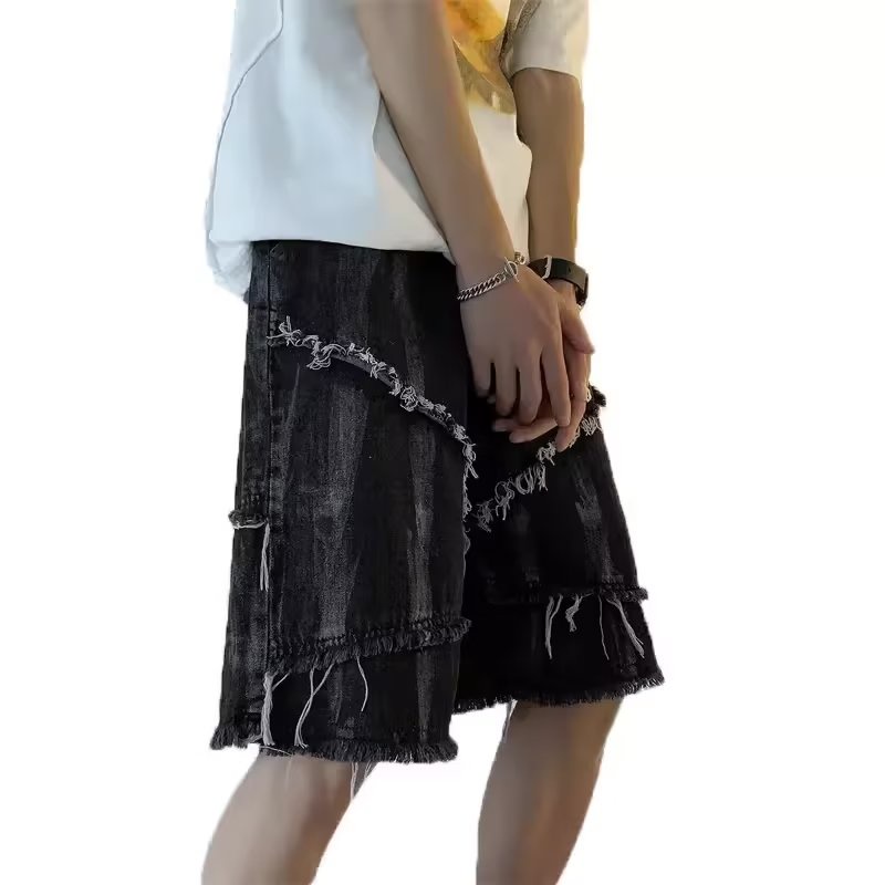 Quần Short Denim Màu Loang Phong Cách Retro Đường Phố Cho Nam