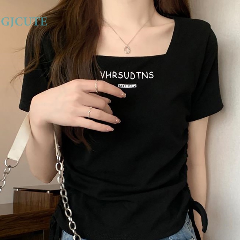 Áo Croptop Cổ Vuông Tay Ngắn Phối Dây Rút In Họa Tiết Dễ Thương Thời Trang Mùa Hè Cho Nữ