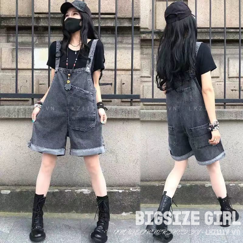 Quần yếm nữ đùi Bigsize yếm jean dáng suông ống rộng chữ a túi hộp mùa hè Phong cách Thời Trang Hàn Quốc đẹp