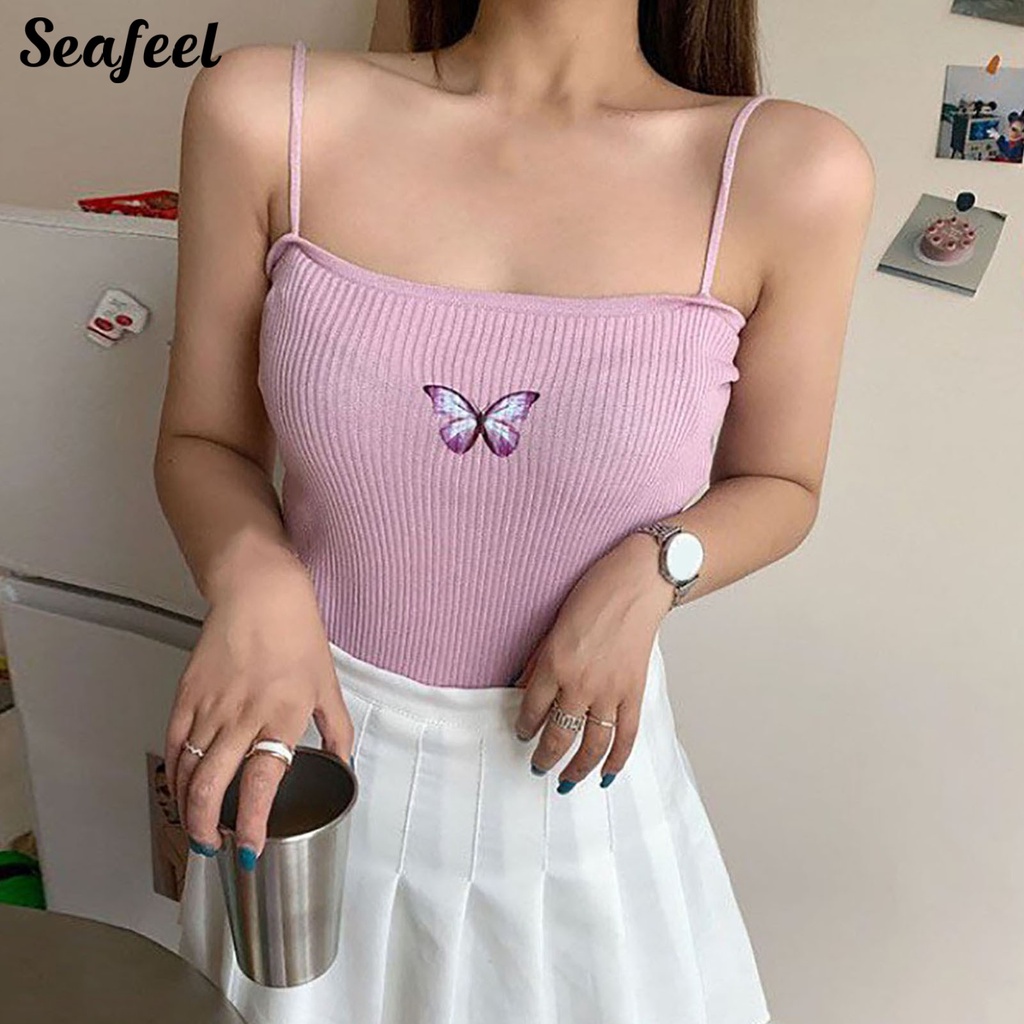 Áo Tank Top Hai Dây Hở Lưng Ôm Dáng Co Giãn In Họa Tiết Bướm Cho Nữ