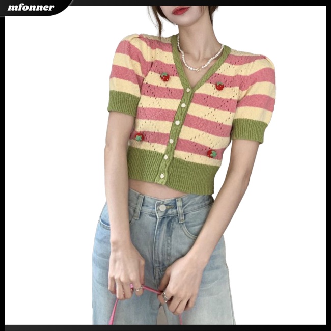 Áo Cardigan Dệt Kim Tay Ngắn Cổ Chữ V Kẻ Sọc Màu Sắc Tương Phản Thời Trang Mùa Hè Cho Nữ