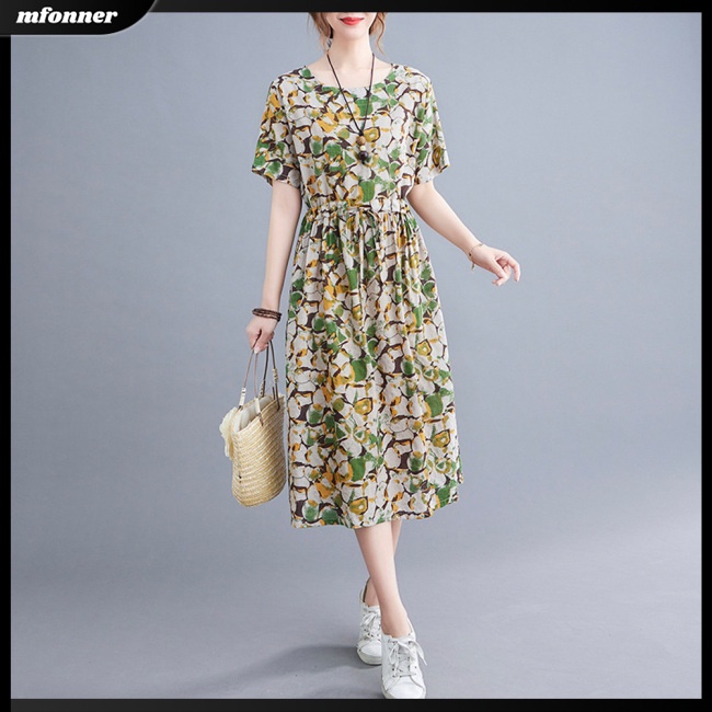Đầm Midi Dáng Chữ A Tay Ngắn Dáng Rộng Vải Lanh Cotton In Họa Tiết Thời Trang Mùa Hè Cho Bạn Gái