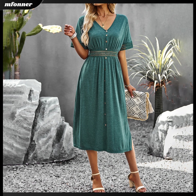 Đầm Midi Tay Ngắn Cổ Chữ V Màu Sắc Thanh Lịch Dành Cho Nữ