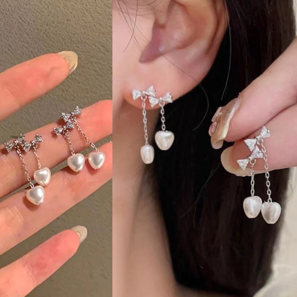 Bông Tai HìNh Nơ / TráI Tim ĐíNh NgọC Trai Giả Dễ Thương