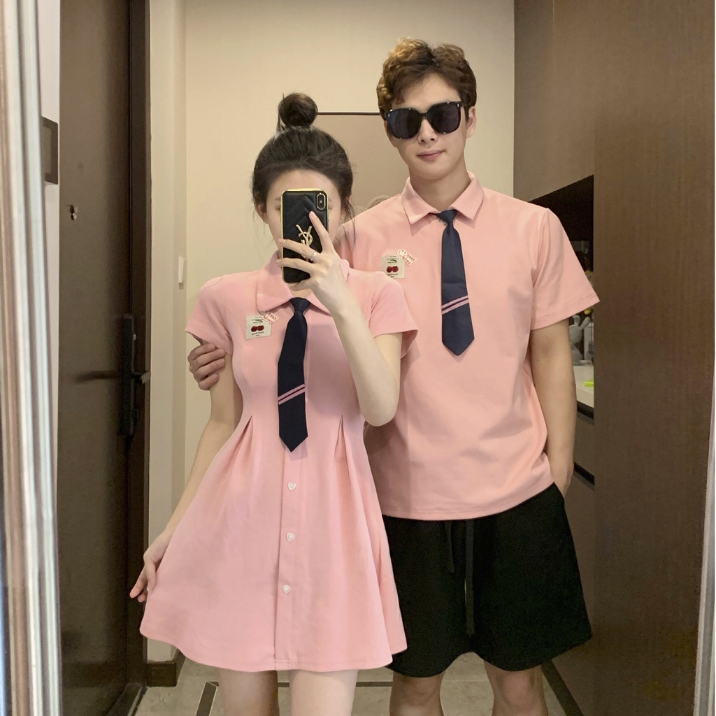 Áo Thun polo Tay Ngắn Màu Hồng Phong Cách Preppy Thời Trang Mùa Hè 2023 Dành Cho Cặp Đôi Đồ đôi đồ cặp nam nữ