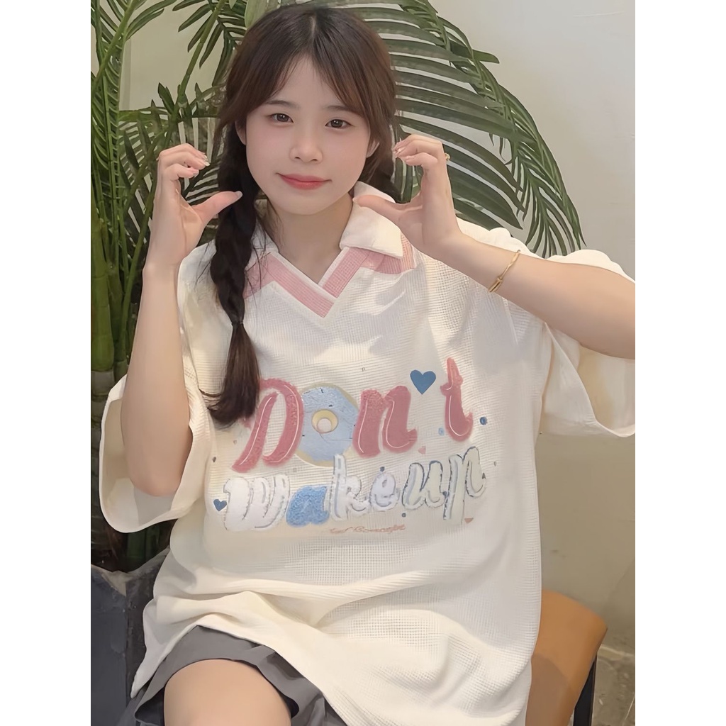 Áo polo Ngắn Tay Dáng Rộng Thêu Họa Tiết Thời Trang Mùa Hè Cho Nữ