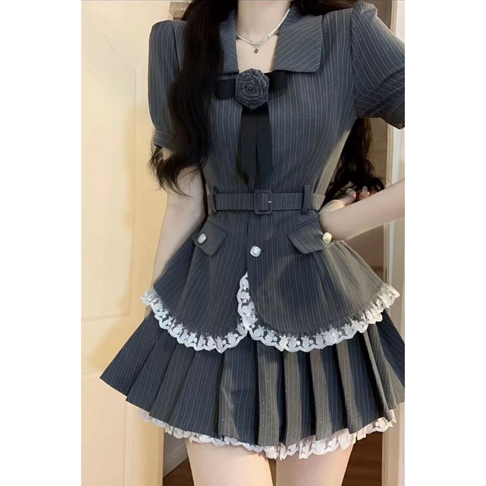 Set Áo Sơ Mi Tay Ngắn Kẻ Sọc Ôm Dáng + Chân Váy Ngắn Thời Trang Hè 2023 Cho Nữ