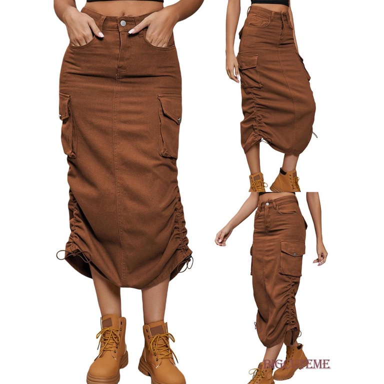 Chân Váy Denim Dài Lưng Cao Có Túi Thời Trang Đường Phố Cho Nữ