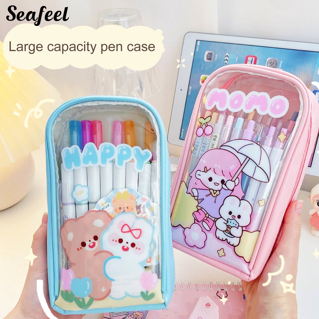 Túi Đựng Bút Chì Sức Chứa Lớn Trong Suốt In Họa Tiết Hoạt Hình Dễ Thương Có Khóa Kéo Cho Học Sinh