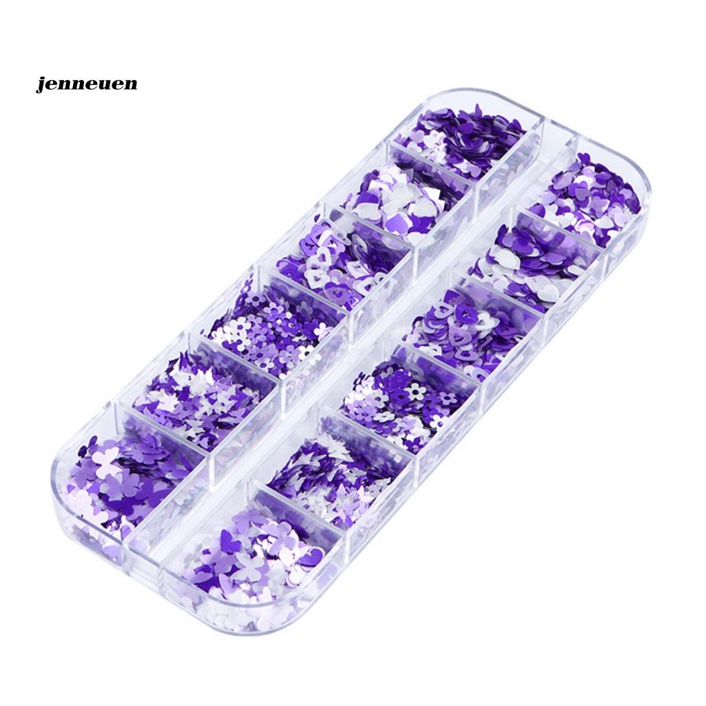 Hộp 12 Ngăn Đựng Hạt Sequin Hình Bướm Màu Tím Dùng Trang Trí Móng Nghệ Thuật