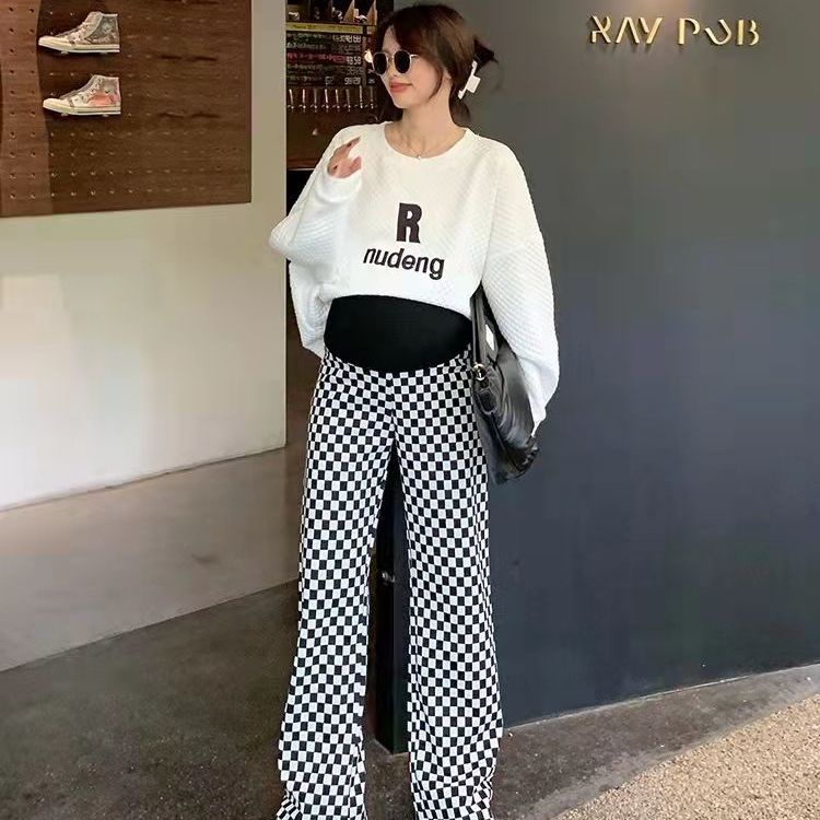 Quần dành cho bà bầu quần dành cho bà bầu quần dành cho bà bầu quần dài dành cho bà bầu quần ống rộng dành cho bà bầu quần kẻ caro mùa hè mỏng phong cách băng lụa mát mẻ nhìn mỏng hơn quần ống rộng thông thường-chân