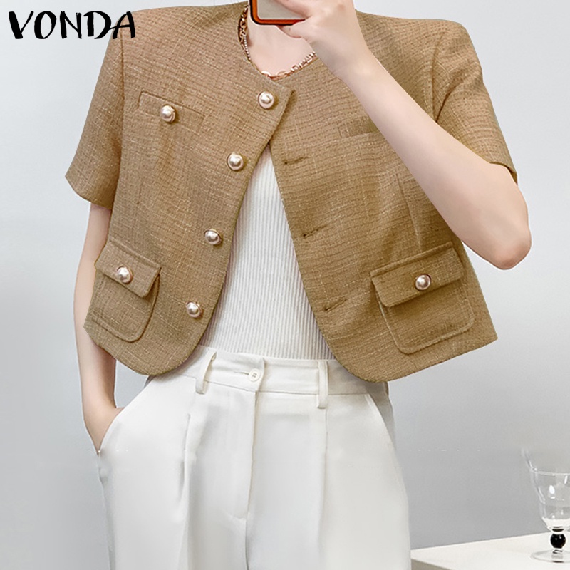 Áo blazer VONDA tay ngắn cổ tròn cài nút in chữ phong cách Hàn Quốc thời trang cho nữ