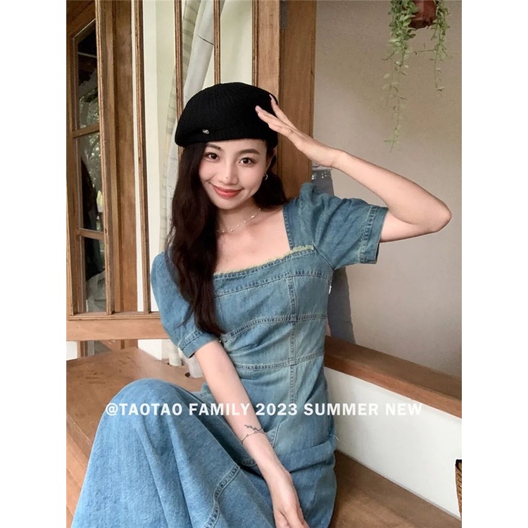 Đầm Denim Cổ Vuông Tay Phồng Dáng Chữ A Thời Trang Mùa Hè Phong Cách Pháp Cổ Điển Cho Nữ