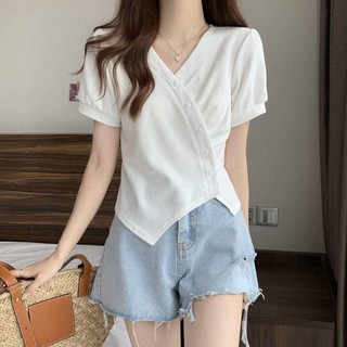 Áo Thun Tay Ngắn Phồng Cổ Chữ v Xẻ Tà Thời Trang Dành Cho Nữ