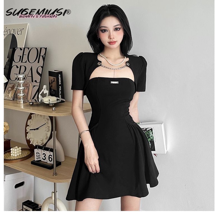 Sugemiusi Pure Set Áo Cardigan Ngắn Tay + Đầm Ôm Eo Màu Đen Phong Cách Hoàng Gia Pháp Cho Nữ