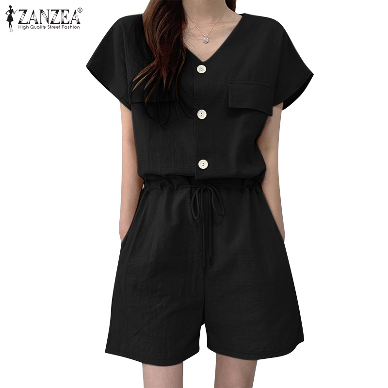 ZANZEA Jumpsuit Ngắn Không Tay Cổ Chữ V Có Túi Thời Trang Nữ