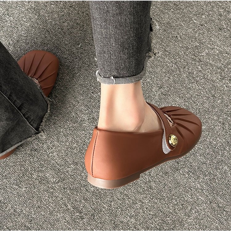 Giày Da PU Mũi Tròn Đế Bằng Phối Khóa Cài Thời Trang Mùa Hè Giản Dị Dành Cho Nữ