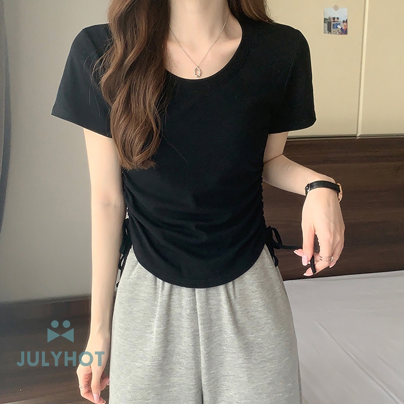 Áo Thun Tay Ngắn Cổ Tròn Màu Trơn Phối Dây Rút Thời Trang Cho Nữ
