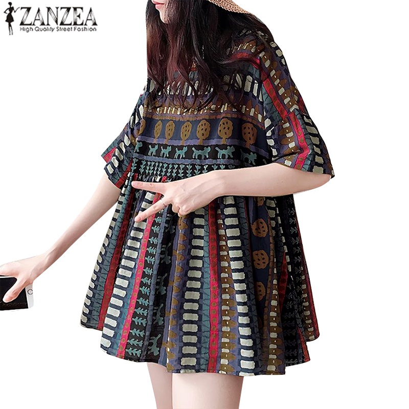 ZANZEA Áo Thun Nữ Ngắn Tay Cổ Tròn Form Rộng In Họa Tiết Thời Trang