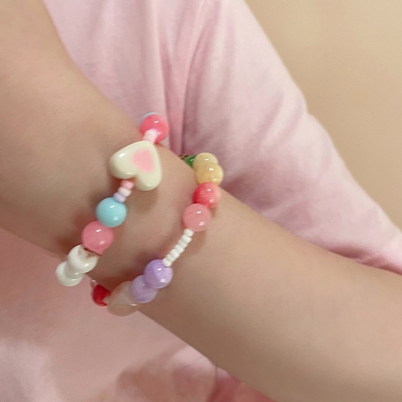 Vòng Tay Chuỗi Hạt Co Dãn Mặt Hình Ngôi Sao / Trái Tim Nhiều Màu Dễ Thương Cho