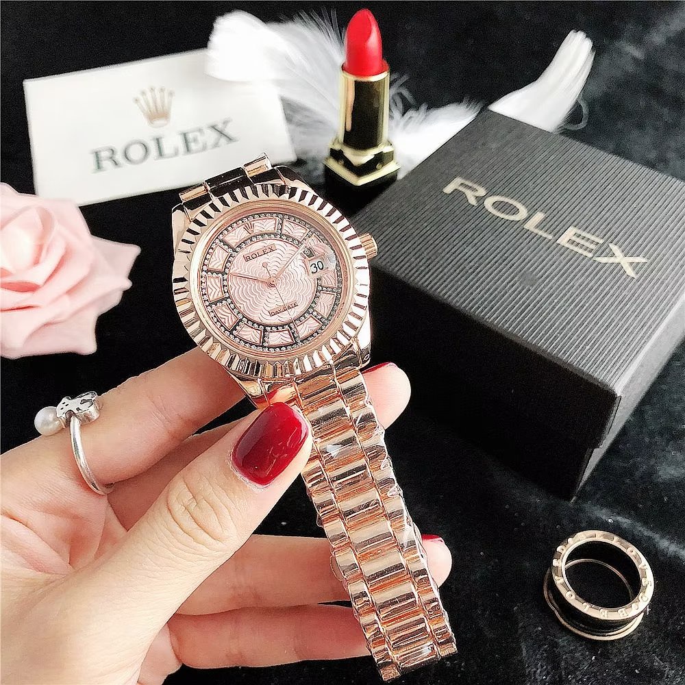 Đồng Hồ Rolex Mặt Tròn Đính Kim Cương Dây Da Thép Không Gỉ Thời Trang Cho Cặp Đôi