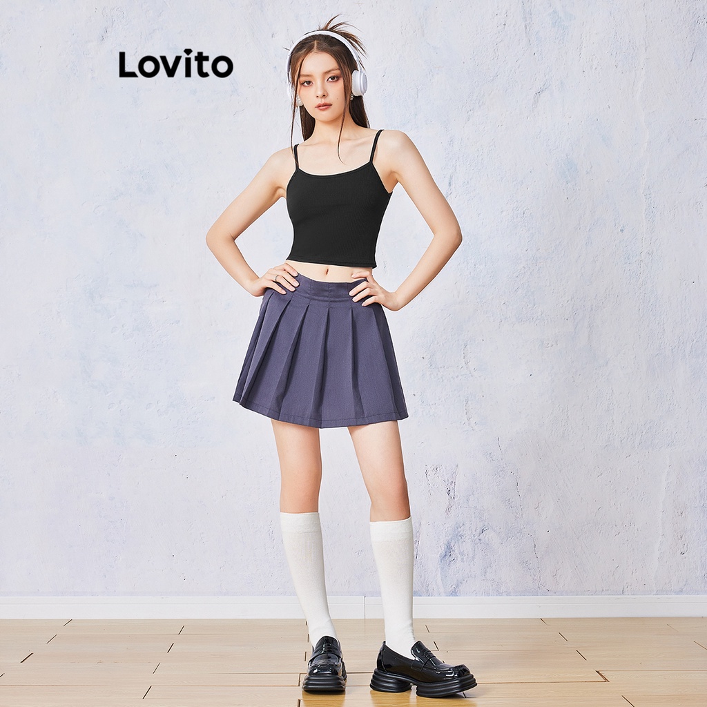 Áo hai dây Lovito len gân không tay dáng ôm viền trơn tương phản L00008