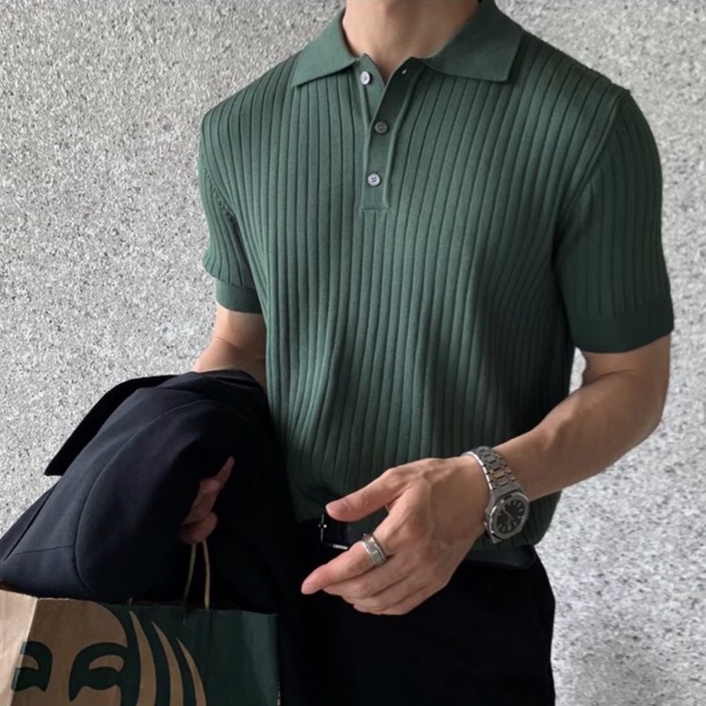 Áo polo Dệt Kim Tay Ngắn Màu Trơn Đơn Giản Thời Trang Công Sở Phong Cách Hàn Quốc Cho Nam