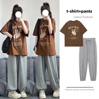 Set áo thun ngắn tay in họa tiết vintage + quần legging xám thời trang