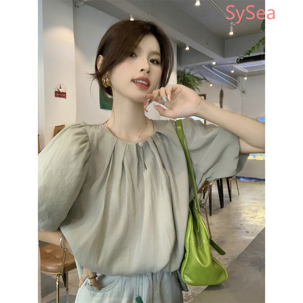 Áo sơ mi nữ tay phồng cổ tròn mùa hè