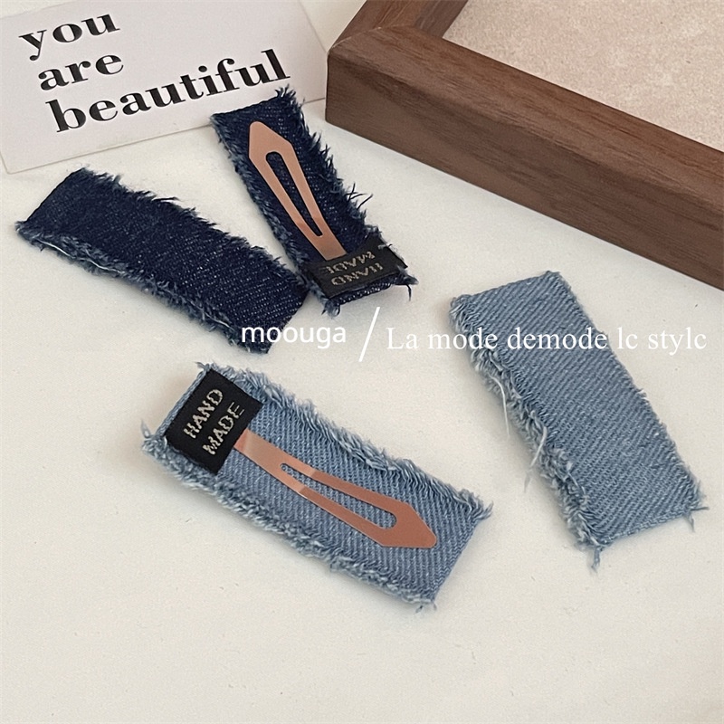 Kẹp Tóc Mái Bằng Vải Denim Phối Tua Rua Màu Xanh Dương Phong Cách Retro hong Kong Moouga / hong Kong