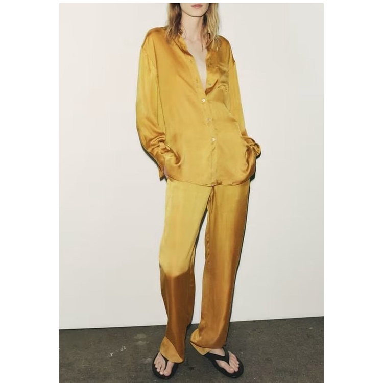 Zara Bộ Đồ Ngủ Áo Sơ Mi Vải satin + Quần Ống Loe Thời Trang Mùa Hè7858735 7859735