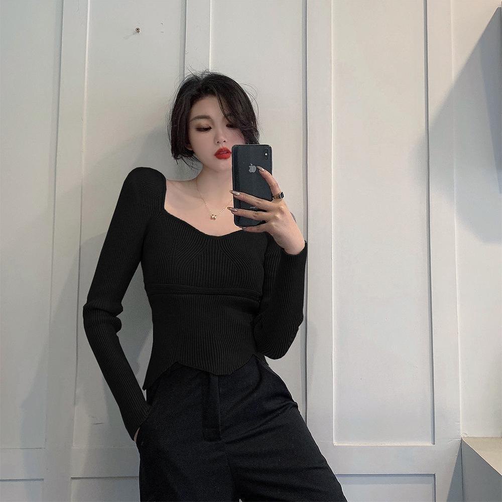 Áo Thun Tay Dài Cổ Vuông Thiết Kế Độc Đáo Thời Trang Mùa Thu Cho