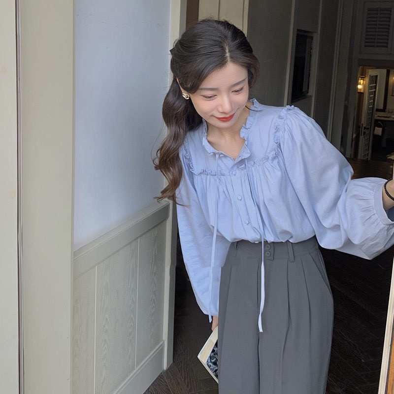 Áo sơ mi nơ pháp của phụ nữ áo sơ mi dưới cùng ren-up màu xanh băng trên