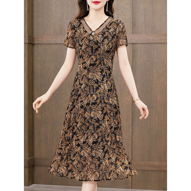 Đầm Tay Ngắn Che Bụng In Hoa Phong Cách Phương Tây Cổ Điển Thời Trang Cho Nữ Trung Niên 2023