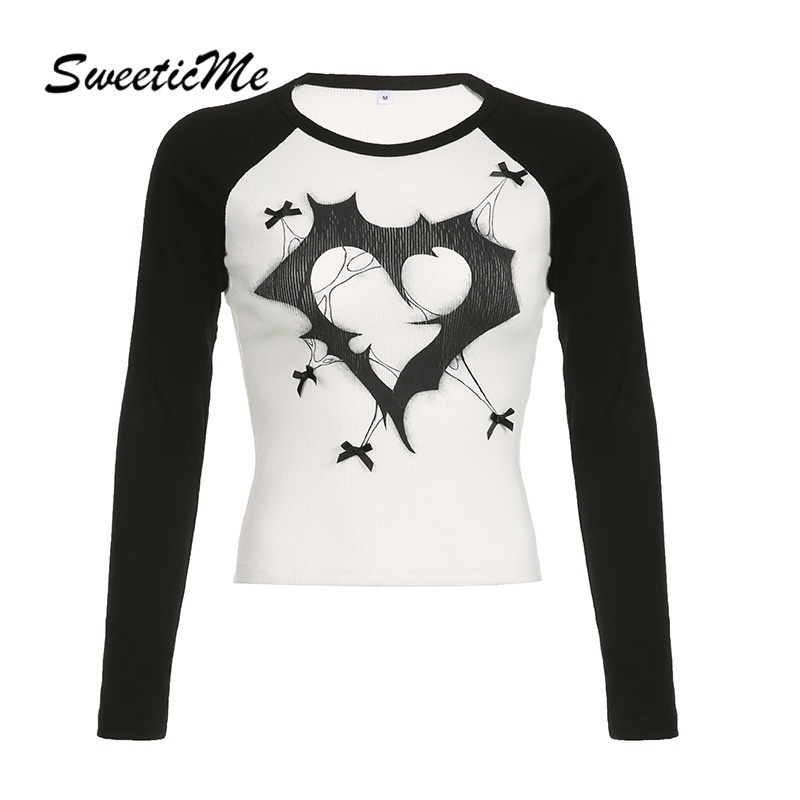 Sweeticme women's 2023 in thời trang mới áo dài tay cổ tròn màu tương phản nối áo t-shirt nhân quả