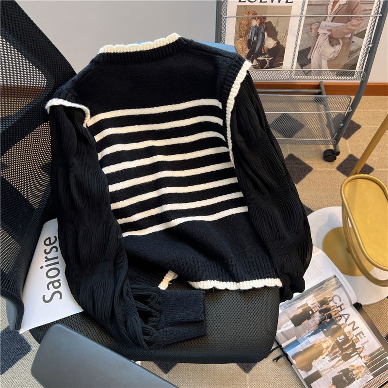 Áo Sweater Giả Hai Lớp Họa Tiết Kẻ Sọc Phong Cách Pháp Thời Trang Mùa Thu Cho Nữ