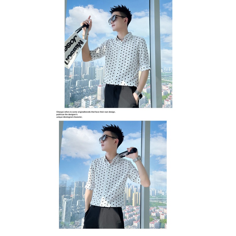 Áo sơ mi nam chấm bi in tua áo sơ mi màu tương phản
